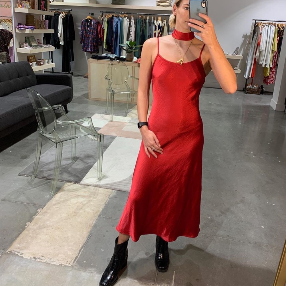 Red silky slip dress